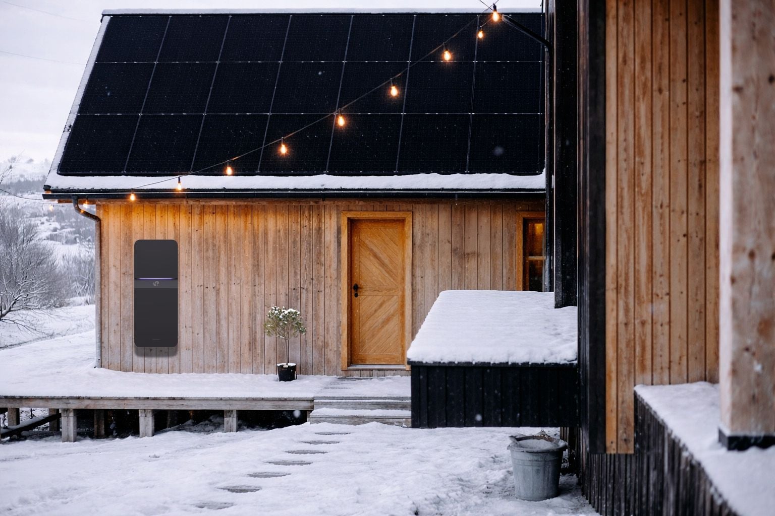 Polarium Home och solceller installerat på träfasad i vintertid