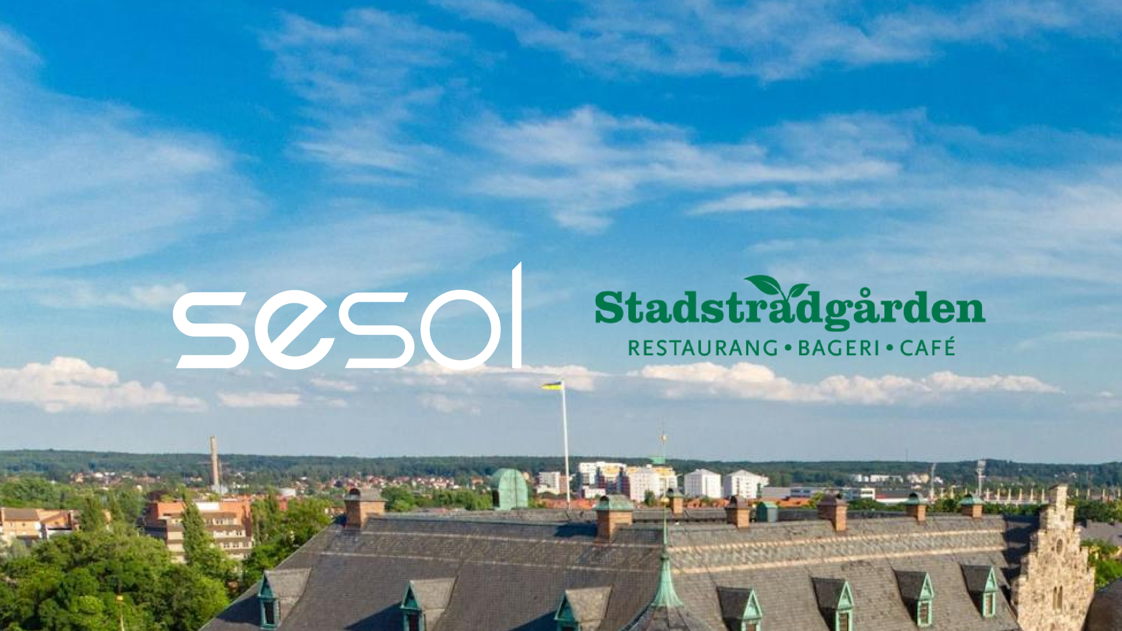 bild över Örebro med sesol och Stadsträdgårdens logo